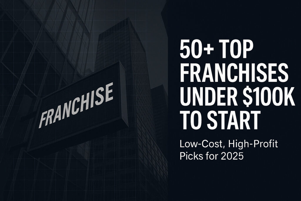 50+ Top Franchises Under $100K to Start with a franchise sign and dark-blue background.