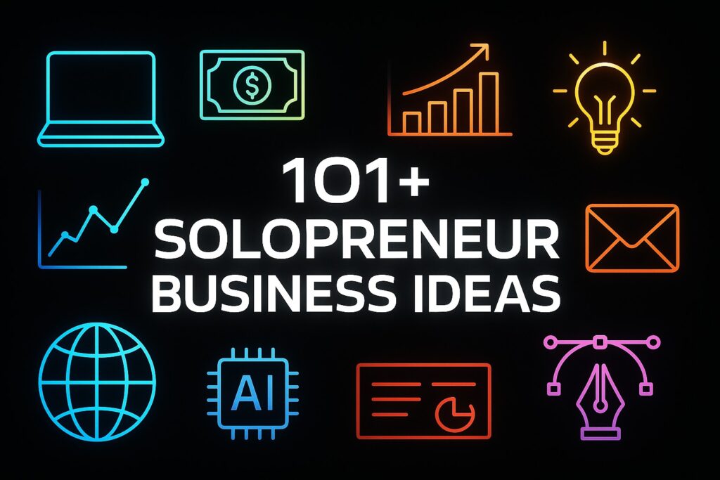 Infographic of 101+ solopreneur business ideas and 1-person business opportunities for 2025 on a modern dark background.