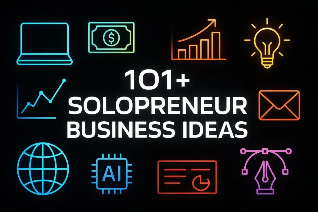 Infographic of 101+ solopreneur business ideas and 1-person business opportunities for 2025 on a modern dark background.