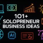 Infographic of 101+ solopreneur business ideas and 1-person business opportunities for 2025 on a modern dark background.