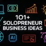 Infographic of 101+ solopreneur business ideas and 1-person business opportunities for 2025 on a modern dark background.