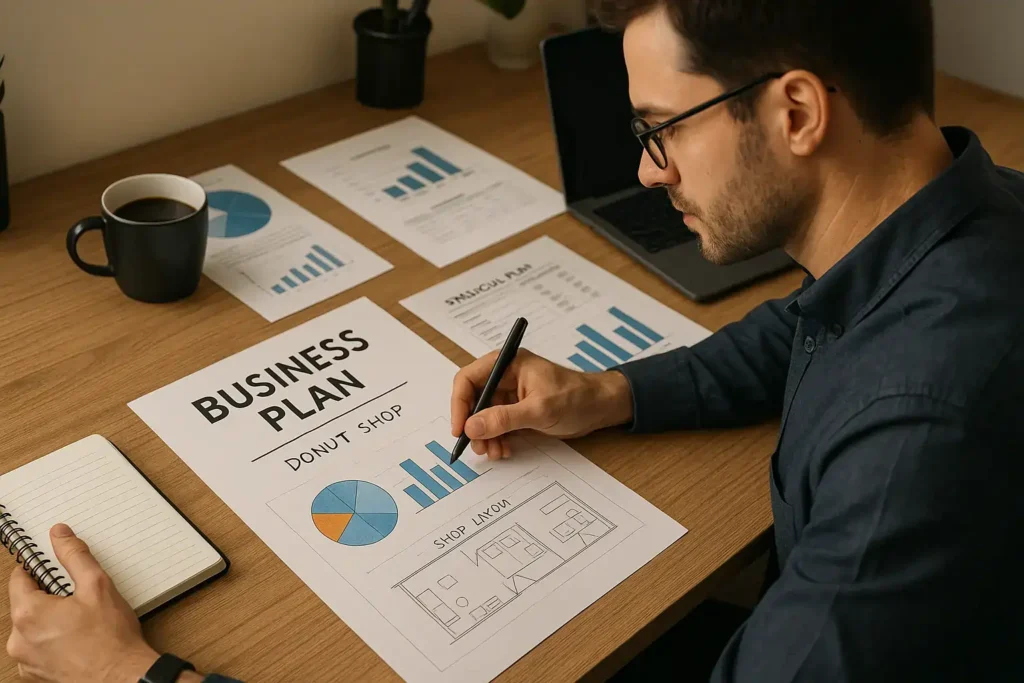 opening a donut shop a man sitting at a desk with a pen and papers and writing a business plan
