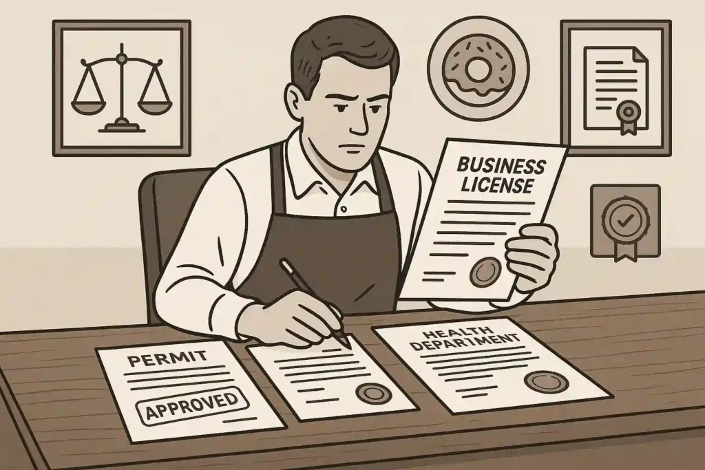 opening a donut shop a man sitting at a desk with papers and a pen