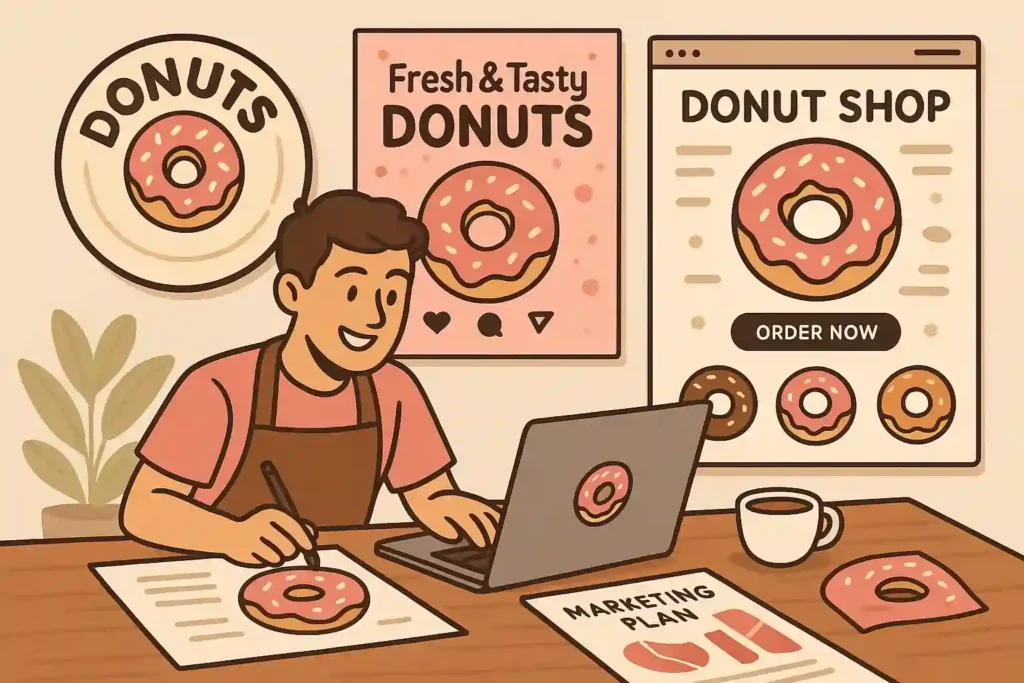 opening a donut shop a man sitting at a table with a laptop and a donut