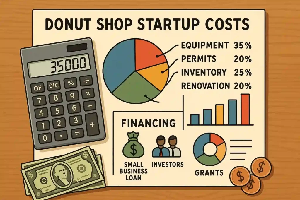 opening a donut shop a calculator and money next to a paper with graphics