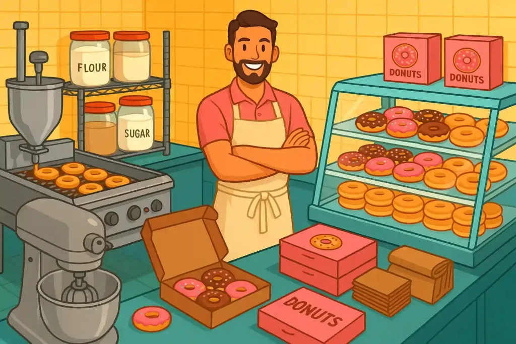 opening a donut shop a cartoon of a man standing in a bakery