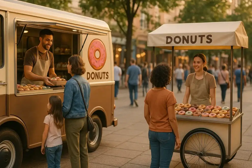 Donut truck and donut cart serving customers on a busy street, comparing two mobile donut business models.