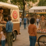Donut truck and donut cart serving customers on a busy street, comparing two mobile donut business models.