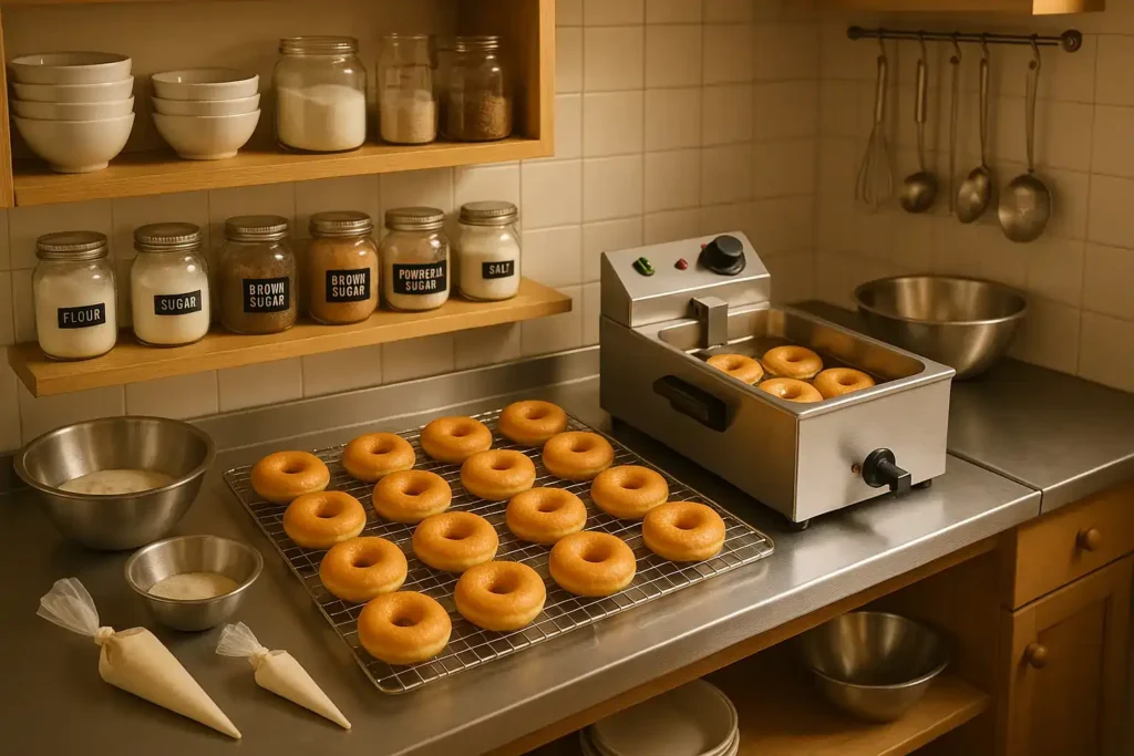 Home kitchen setup with donut-making equipment and organized layout for a profitable home-based donut business.