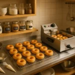 Home kitchen setup with donut-making equipment and organized layout for a profitable home-based donut business.